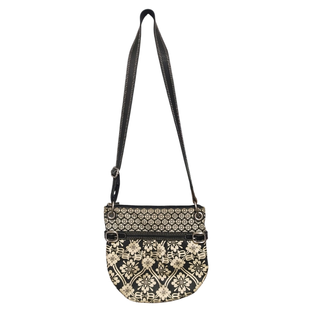 Fossil Black Beige Boho Graphic Canvas Leather Crossbody Bag Handbag Purse - Picture 3 of 10